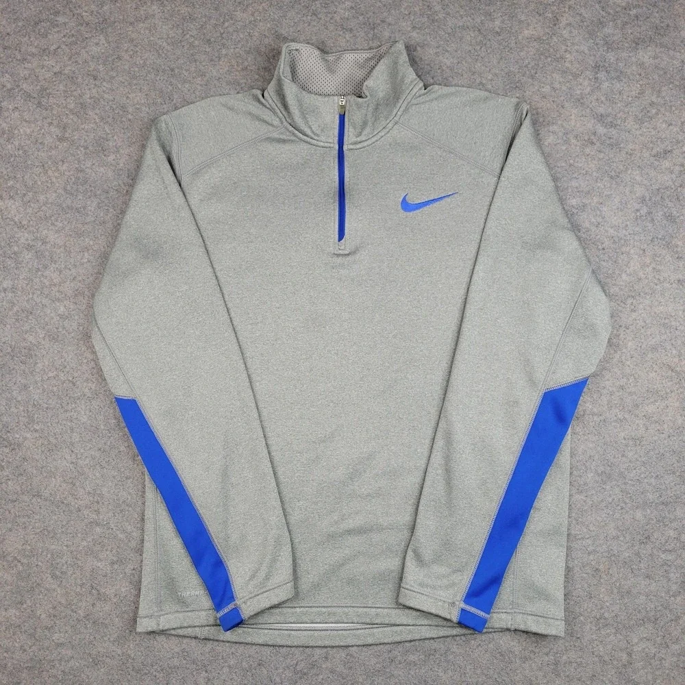 Nike Sweatshirt Mens Medium Gray Therma-Fit 1/4‎ Zip Fleece Pullover Blue Swoosh